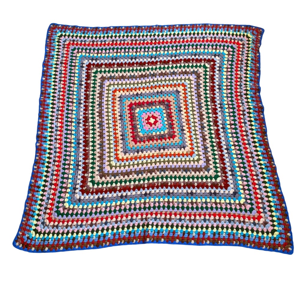 Vintage Handmade Granny Square Crochet Blanket Multi Color‎ Throw Cottage Boho